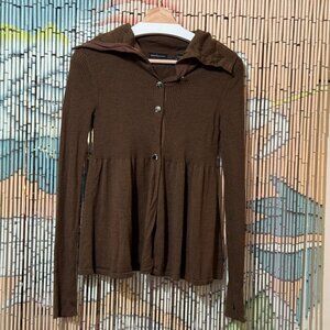MODA International Button-Up Cardigan Sweater, Turtleneck, Wool Blend, Brown, M